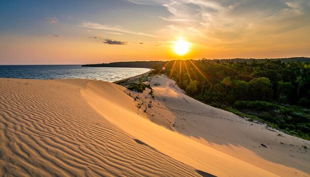 Scenic sand dune landscape at sunset with water and trees. Sunbeams pierce through the clouds for a warm glow