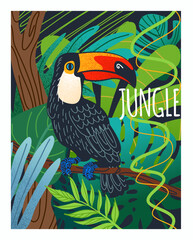 Obraz premium Toucan poster. Jungle forest on background. Tropical bird, wildlife parrot. Cute doodle leaf. Summer print. Drawing image with texture. Rainforest Vector cartoon flat style isolated illustration
