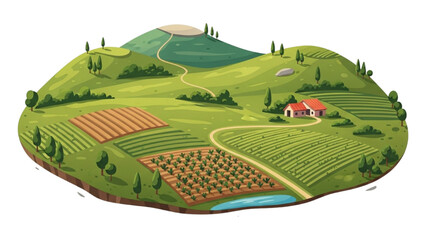 Lush green farm landscape illustration with rolling hills, cultivated fields, and a charming farmhouse under a clear sky © Stock Image Paradise