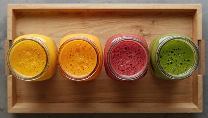 Freshly blended fruit smoothies in glass jars arranged on a wooden tray, vibrant colors for a healthy beverage option