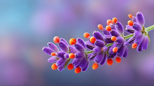 Close up macro of vibrant purple lavender petals with bright orange tips glistening with water droplets against a soft bokeh background of purple and blue hues