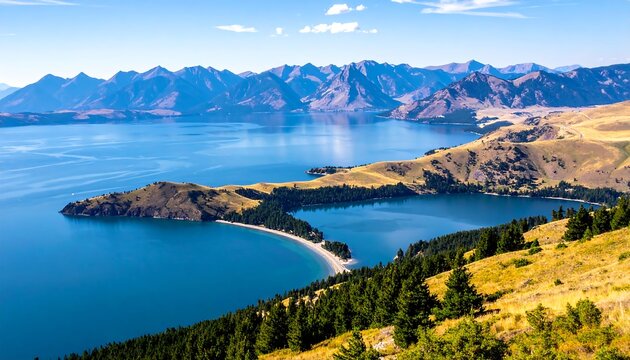Scenic view of a blue lake surrounded by mountains and green hills under a clear sky