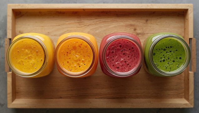 Freshly blended fruit smoothies in glass jars arranged on a wooden tray, vibrant colors for a healthy beverage option