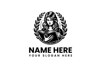 Elegant emblem of a woman reading a book, framed by a classic laurel wreath. A symbol of wisdom, literature, and academic achievement