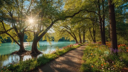 A warm sunny day in a flooded park, reflecting seasonal change