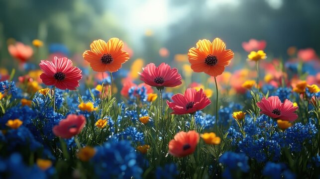 Vivid meadow bursts with orange and red poppies, blue hyacinths, and yellow flowers - Powered by Adobe