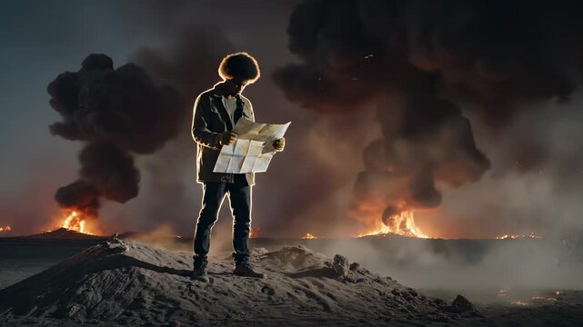 man holds map on sand at night. fire and explosion burn beyond. smoke rises across landscape. jacket zipped. boot planted. hair rimlit by flame. Ground pocked with crater. Heat distorts air.