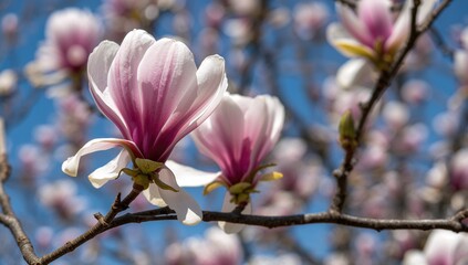 Magnolia Blossoms Against Clear Sky, Seasonal Change