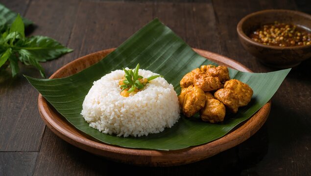 Pecel rice accompanied by peanut peyek on teak leaves, showcasing authentic Asian cuisine, appetizer angle