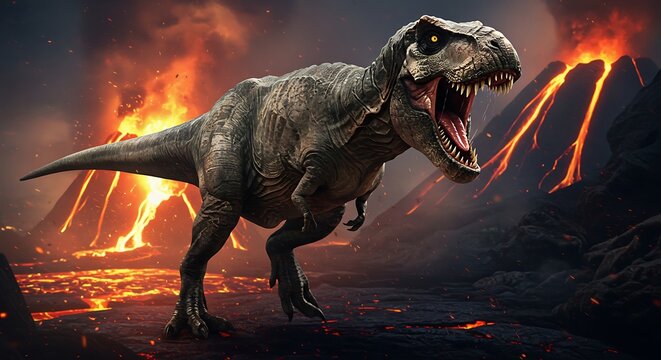 Tyrannosaurus Rex Roaring in Volcanic Eruption Landscape.