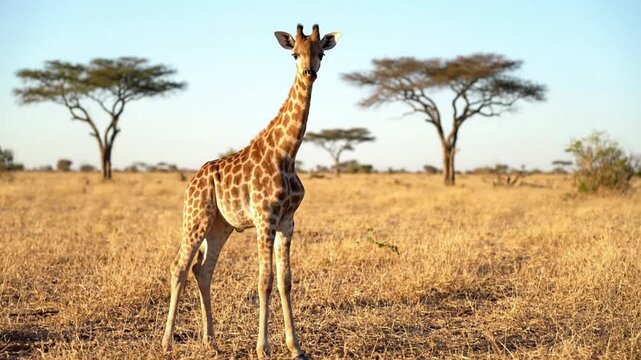 A tall giraffe walking peacefully across the African savannah surrounded by grass and trees in the wild