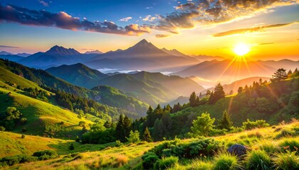 Scenic view Sunburst over hazy mountain range, green valleys, and a blue sky with wispy clouds