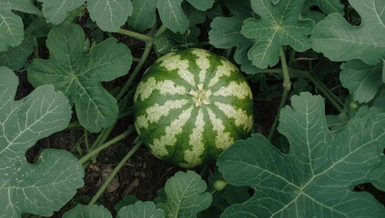 Drone aerial view of red-seeded watermelon plants in a green agricultural field, showcasing sustainable farming practices