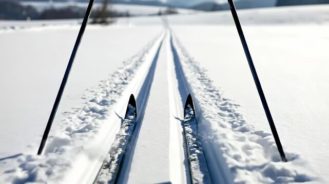Cross-Country Skiing Trail in a Snowy Landscape with Ski Poles and Tracks Leading into the Distance on a Clear Winter Day