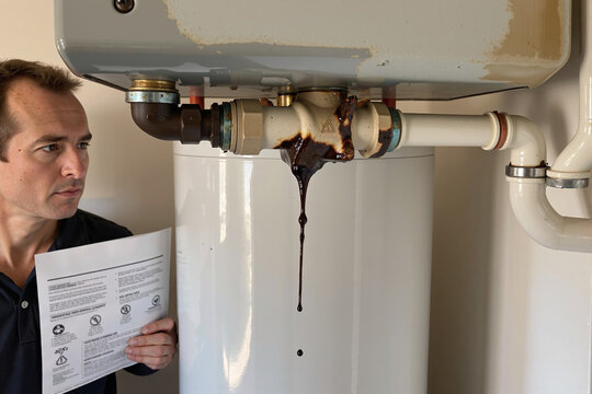 Man looking at manual in confusion, discovering his corroded water heater is leaking black, rusty fluid. Concept of a plumbing emergency, home repair, and equipment failure - Powered by Adobe