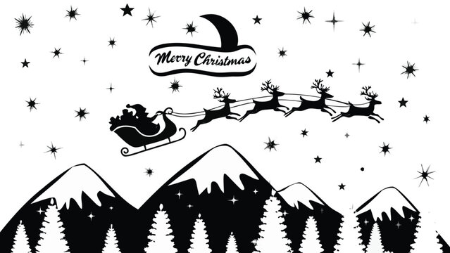 Santa claus and reindeer flying over snowy mountains and pine trees with stars and merry christmas text - Powered by Adobe