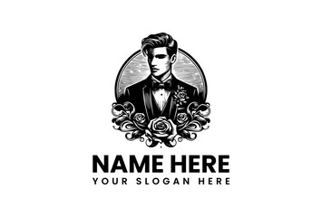 Gentleman's Elegance A Sophisticated Logo Featuring a Man in a Tuxedo and Floral Accents
