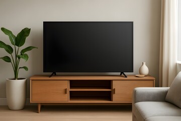 Obraz premium Modern living room interior with large flat-screen TV mockup on wooden media console