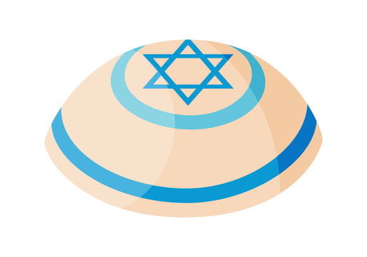 yarmulke or kippah featuring blue trim and a central blue Star of David. Flat vector illustration, isolated on white, ideal for religious, cultural, and holiday graphics.