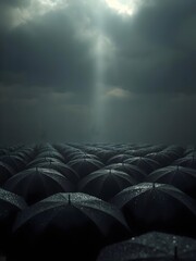 Fototapeta premium Funeral ceremony under rain with black umbrellas and light breaking through clouds, symbolizing spiritual reconciliation and hope after loss