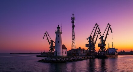 Obraz premium Lighthouse and Cranes at Sunset - A Coastal Industrial Scene.