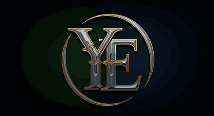 Elegant YE or EY monogram logo design in a classic, luxurious style, featuring metallic 3D letters with a sophisticated sheen and intricate detailing, set against a dark, gradient background with a