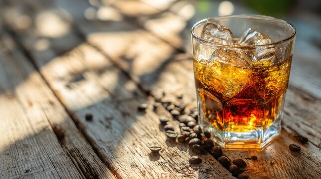 Amber beverage with ice and coffee beans on a weathered wooden surface.