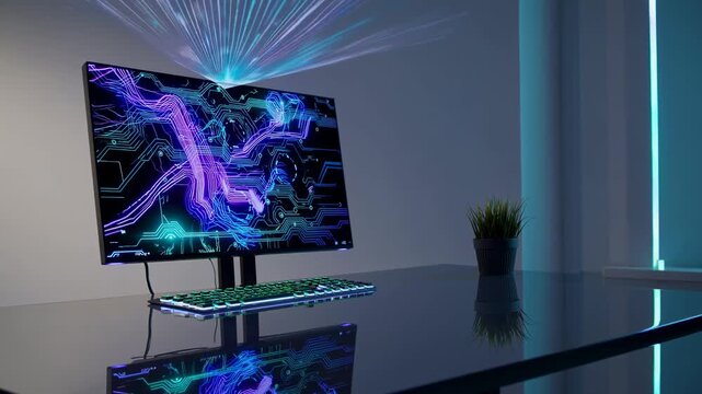 Futuristic video concept of a computer setup with glowing circuits. Side angle captures sleek design and ambient lighting in a modern workspace.