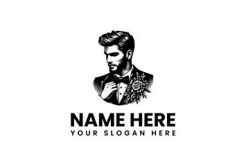 Monochrome vector logo of a dapper gentleman with a beard and stylish hair, wearing a tuxedo with a floral boutonnière. Classic male portrait icon for a business