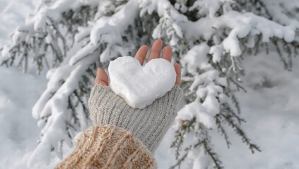 A glove with a snow heart resting on a snowy surface, winter theme, love in a seasonal setting