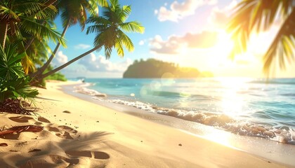 Fototapeta premium Sandy shore with palm trees under blue sky, island in the distance, sun shining on the water