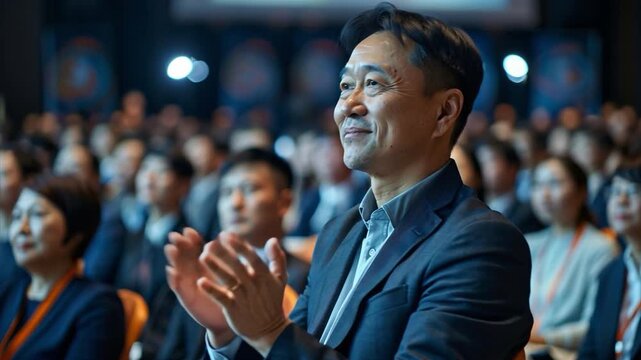 A man with short hair and a light gray suit claps his hands enthusiastically while attending a conference. Audience member applauding during a speaker presentation at a conference event