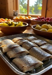 Pickled Herring and Colorful Side Dishes on a Wooden Table.