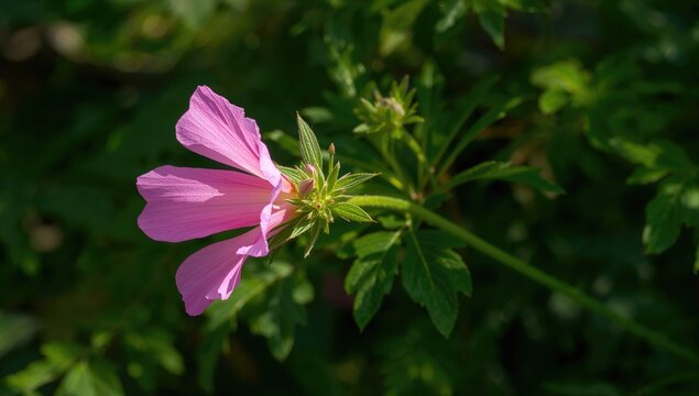 A vibrant pink flower blooms in a lush garden, adding a touch of nature's beauty, seasonal change