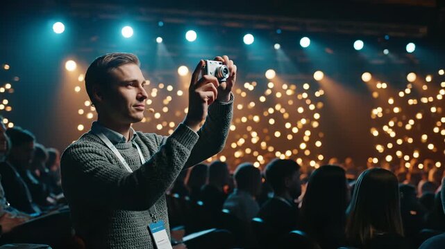audience at event during conference in theater near stage. light string creates sparkle behind seat and crowd. presentation slides appear on distant screen. smartphone held by person in foreground.