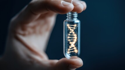 Hand held glass vial containing glowing DNA strand, symbolizing genetic research and scientific innovation
