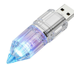 Crystal Shaped USB Flash Drive with Blue and Purple Light Illumination Keywords: USB, flash drive, storage, memory, data, technology, digital, electronic isolated on a transparent background