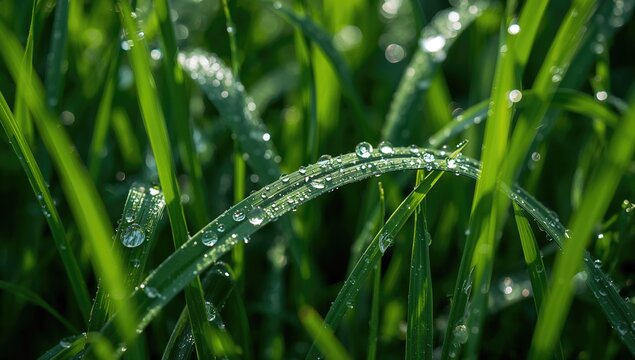 A close-up view of lush green grass blades with shimmering water droplets, highlighting the morning dew, seasonal change