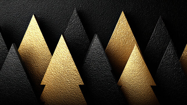 Modern Christmas background featuring a forest of abstract black and gold trees. Luxurious, elegant, and festive design with geometric shapes and rich textures.
