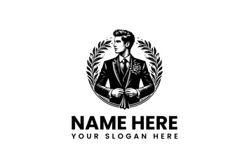 Elegant Business Logo Gentleman in Suit with Laurel Wreath, Ideal for Luxury Brands and Services