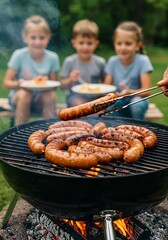 Sausages on the grill with children in the background.