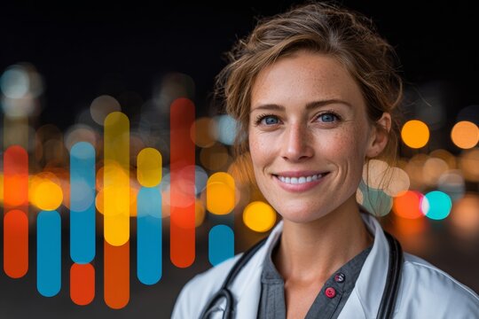 Portrait of compassionate healthcare and professionalism. Stock performance. Confident young female doctor with a warm smile and professional aura. Investment trends. Economic forecast. - Powered by Adobe
