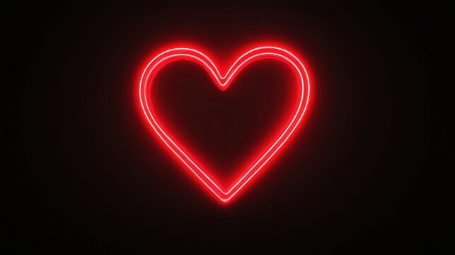 Red neon heart outline glowing brightly against a black background, representing love and modern romance - Powered by Adobe