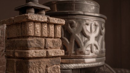 Chimney structure with coal stove backdrop, decorative stone design, construction details