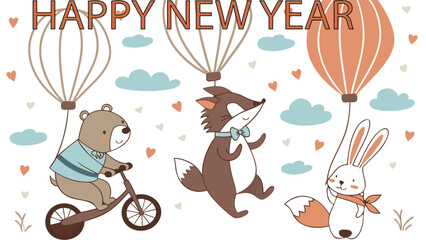 Obraz premium Happy New Year Cute Forest Animals Hanging from Hot Air Balloons | Bear, Fox, and Rabbit 