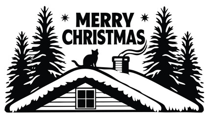 Silhouette of a cat sitting on a snowy roof with pine trees and merry christmas text