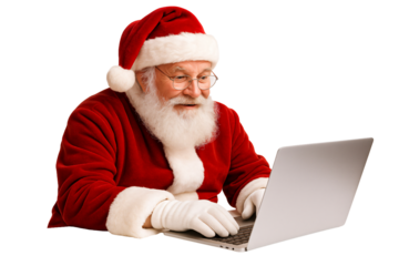 Santa Claus working on laptop. Christmas. Online shopping. Winter holidays.