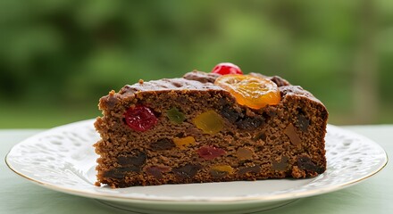Slice of Rich Fruitcake with Candied Fruit Topping on a White Plate.