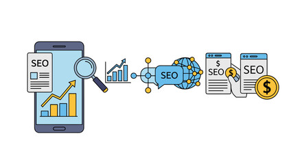 Search Engine Optimization (SEO) process illustrated with a smartphone, magnifying glass, growth charts, global network, and money icons, representing digital marketing strategy and online business
