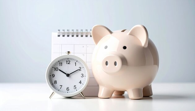 Photorealistic Piggy Bank, Calendar, and Clock Representing Retirement Planning and Investment Strategies